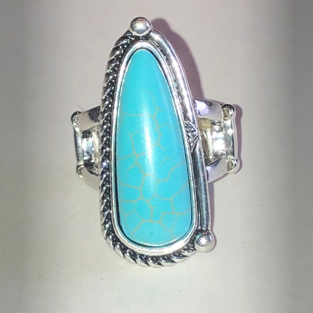 Turquoise Faux Stone Silver Tone Cocktail Ring - Blue Teardrop Statement